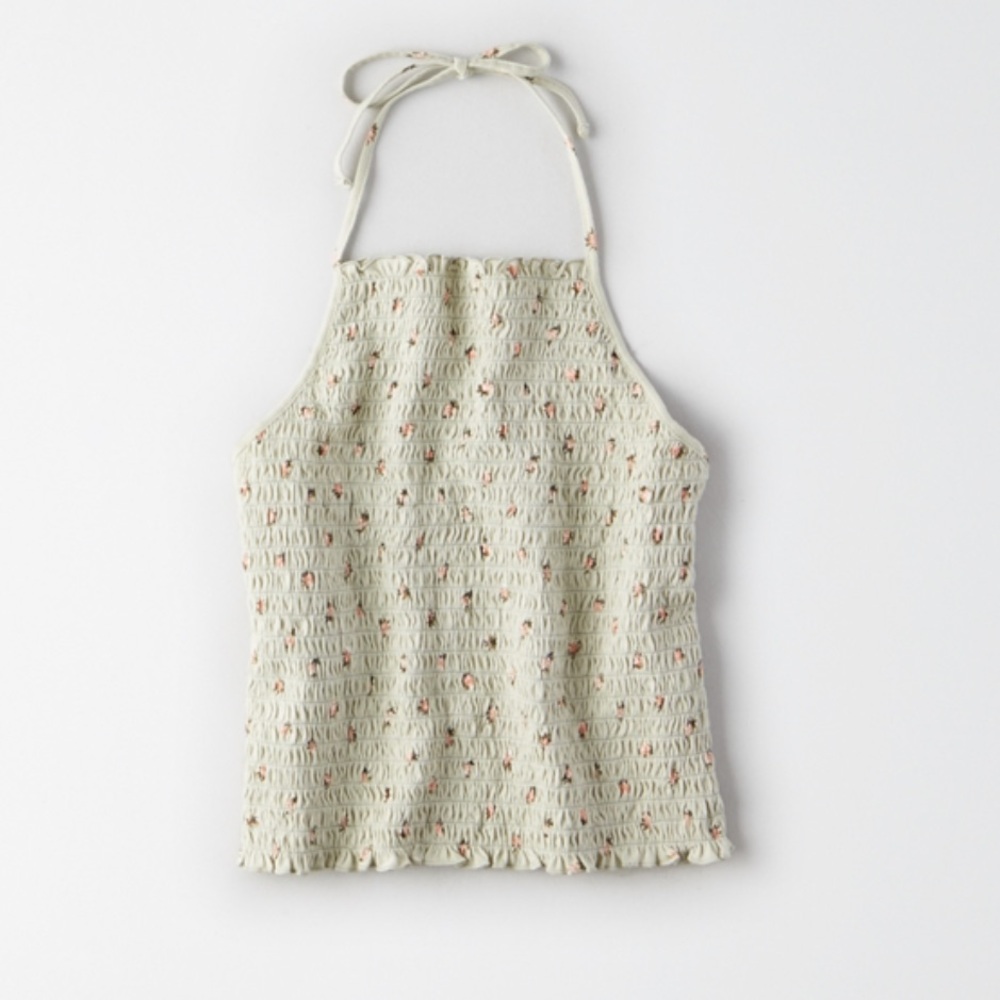 American Eagle Sage Green Floral Smocked Halter Top Size Medium
